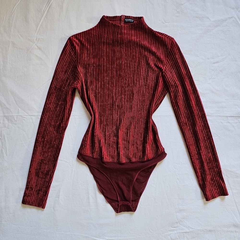 Cosabella Italian vintage red femme fatale velvet mockneck chic stretch bodysuit